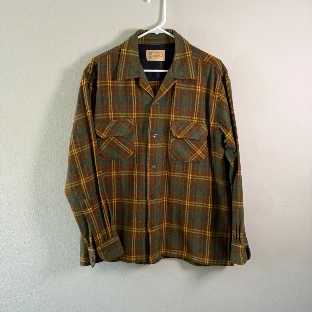 Vintage Towncraft Plus Wool Plaid Shirt Green Brown Men Large Camp Collar 60s 70